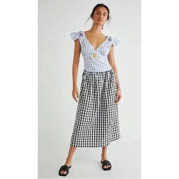 Tach Llena Cloque Embroidered Floral and Gingham Dress Womens XS Blue Black - Picture 1 of 15